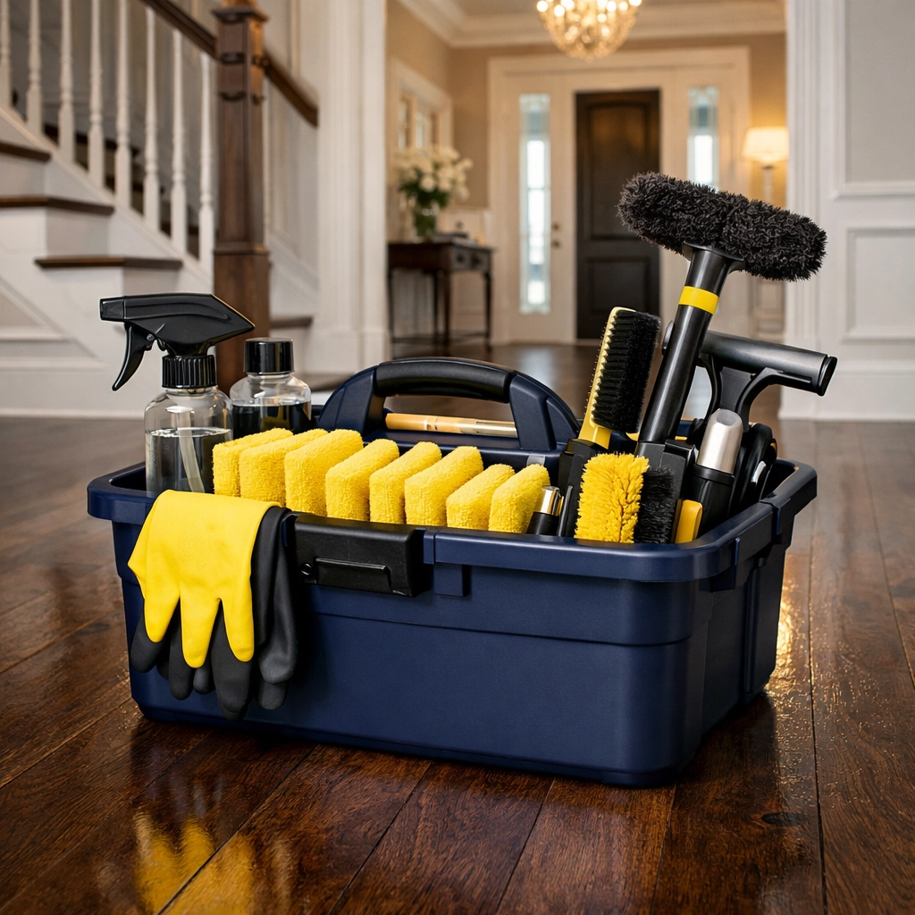 Professional cleaning equipment and supplies ready for a high-end home visit from cleaning services near me.