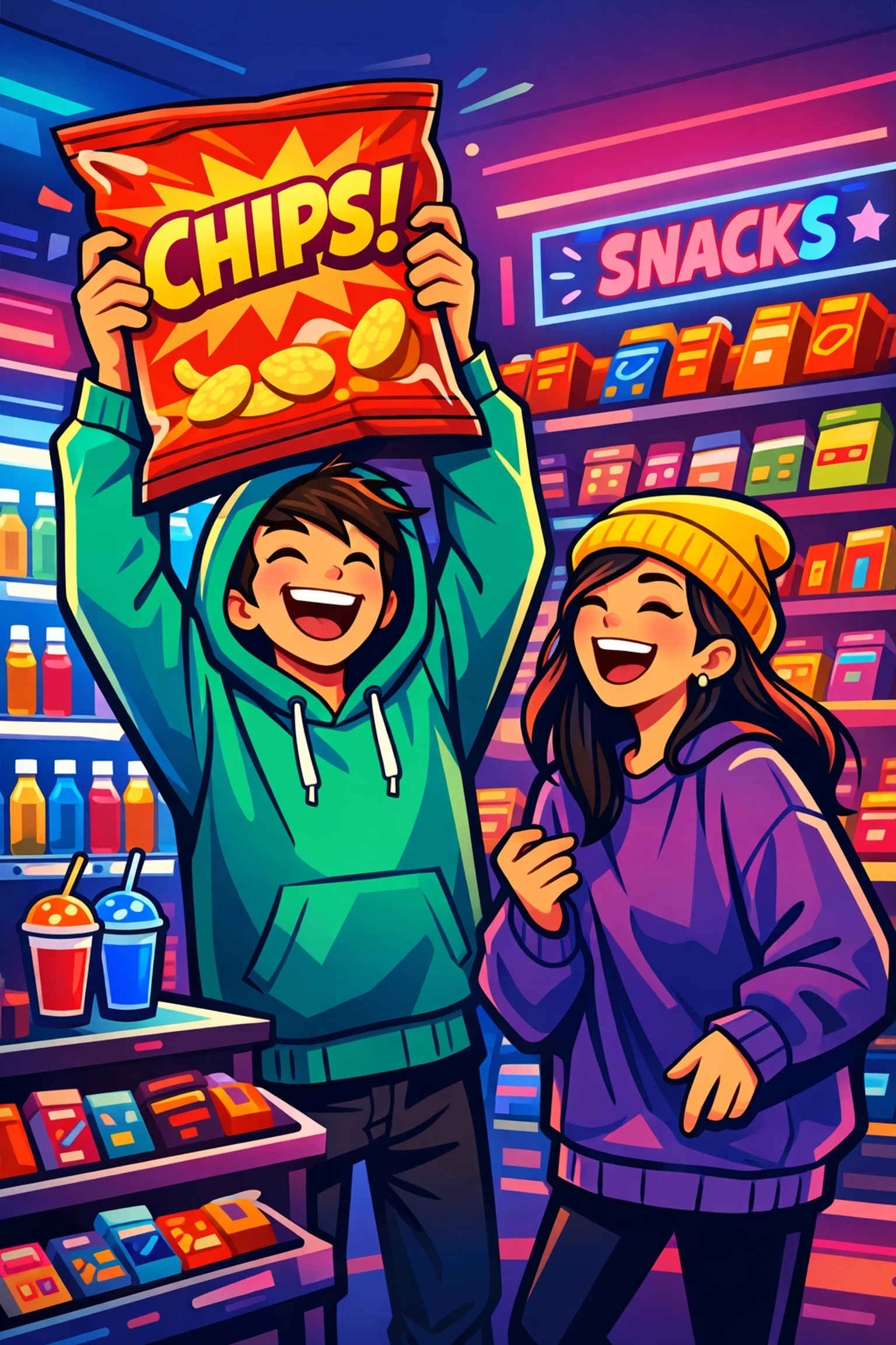 Friends in hoodies on a late-night snack run at a neon convenience store.