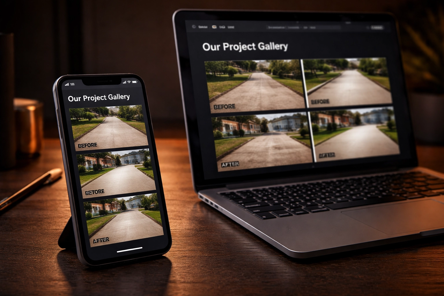Smartphone and laptop displaying a Brisbane concreter’s project gallery with updated driveway images