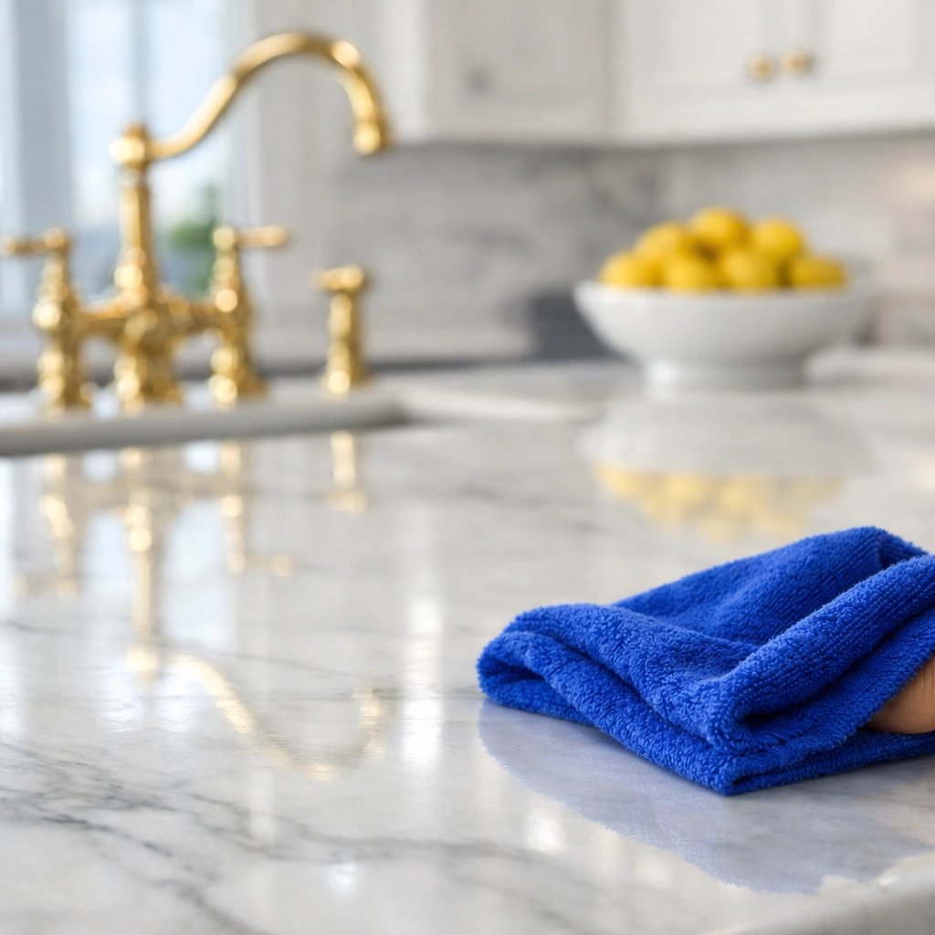 Professional luxury house cleaning service wiping a white marble kitchen island in Marblehead.