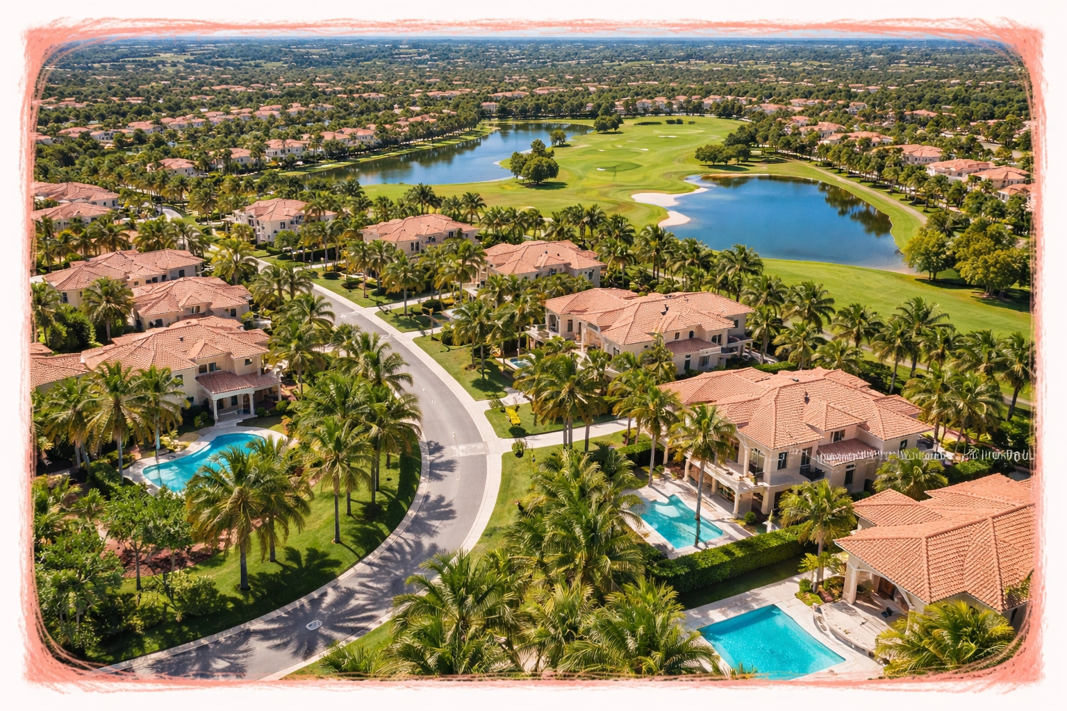 Aerial view of Weston gated community with luxury Mediterranean homes, golf course, and palm-lined streets showcasing premier real estate.
