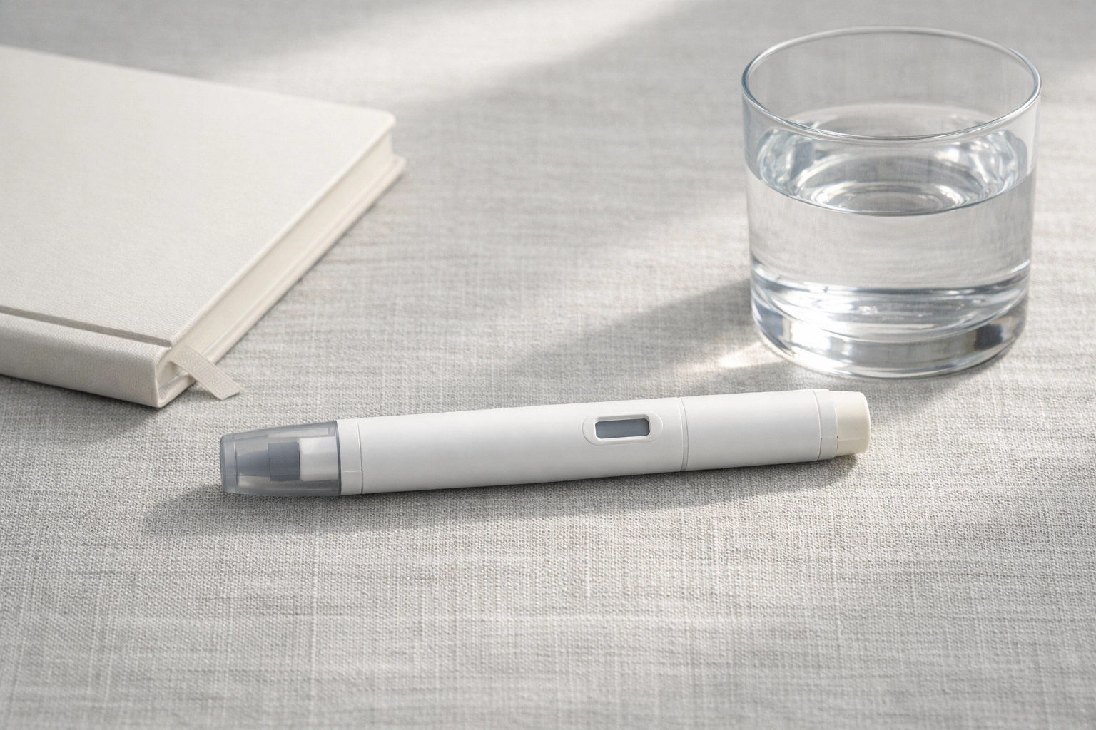 Minimalist GLP-1 medication autoinjector pen and notebook for weight management tracking.