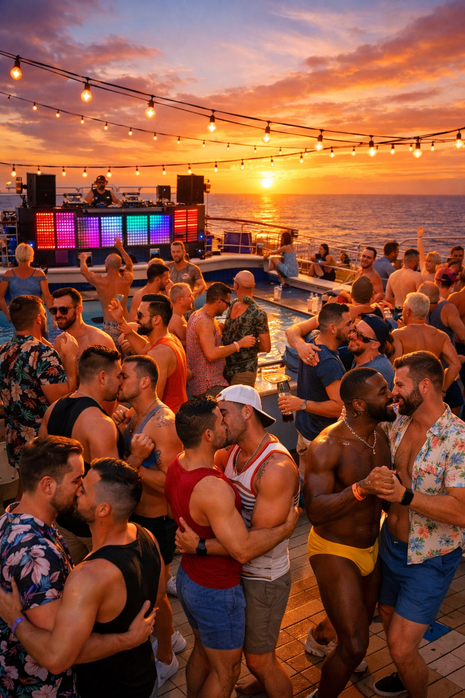 Gay men enjoying sunset tea dance on cruise ship pool deck