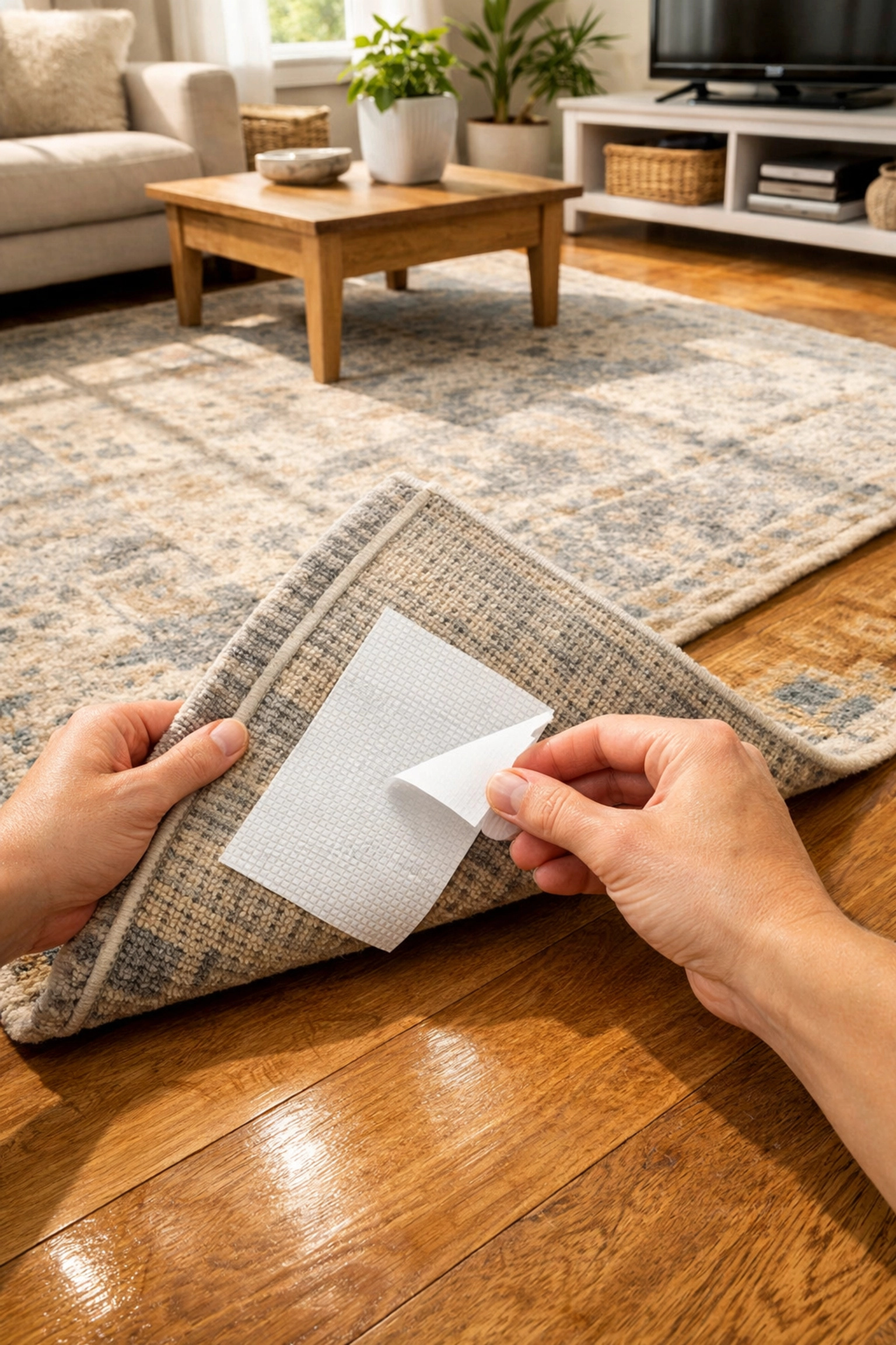 Applying non-slip adhesive grip to a rug to prevent trips and falls in a senior-friendly home.