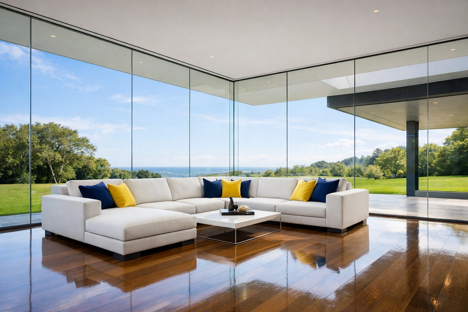 A modern Dover living room with spotless glass walls and hardwood, maintained by residential cleaning Massachusetts.