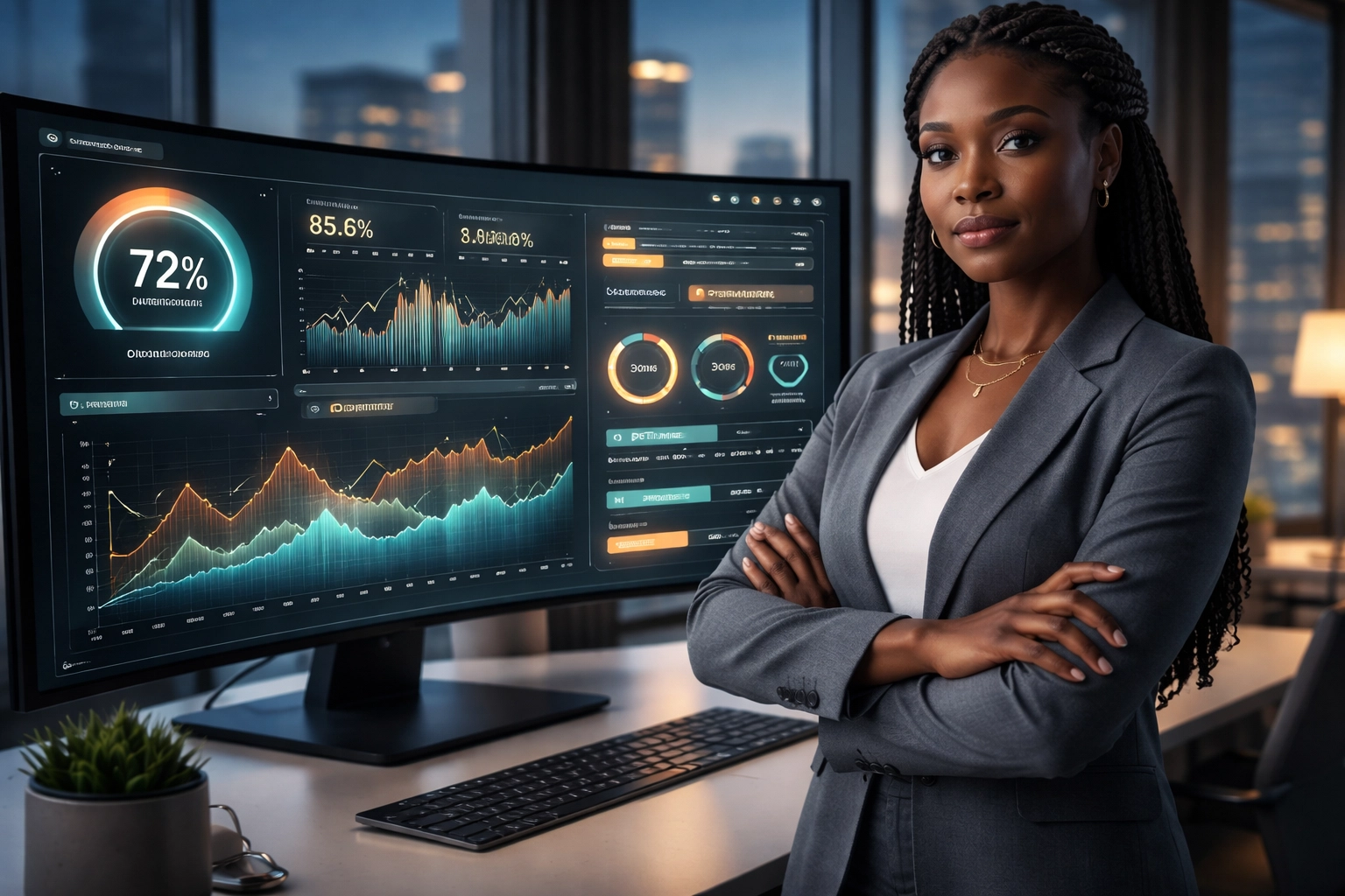 Black business owner analyzes automation performance metrics on a large monitor, showcasing workflow monitoring.