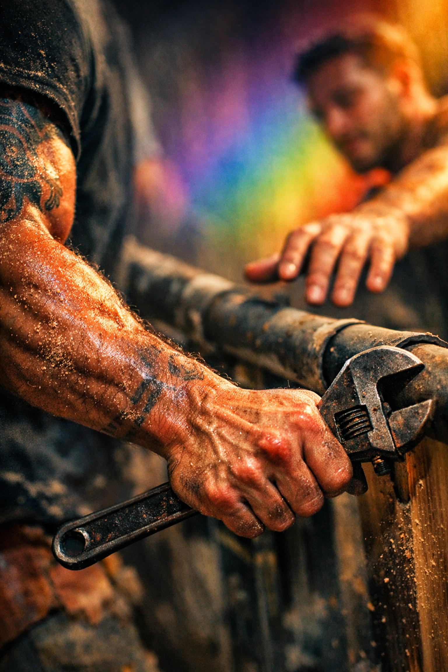 Close-up of a muscular man’s arm working, showcasing the rugged physique of popular MM romance book heroes.
