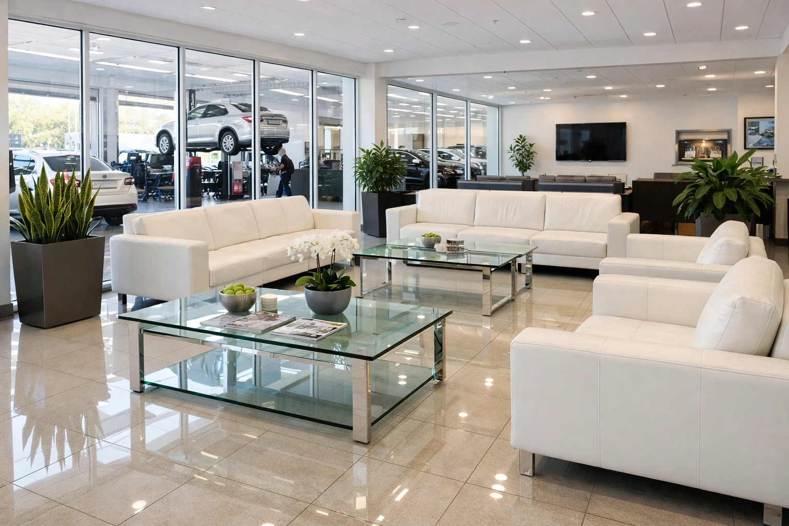 Immaculate car dealership customer waiting lounge with comfortable seating
