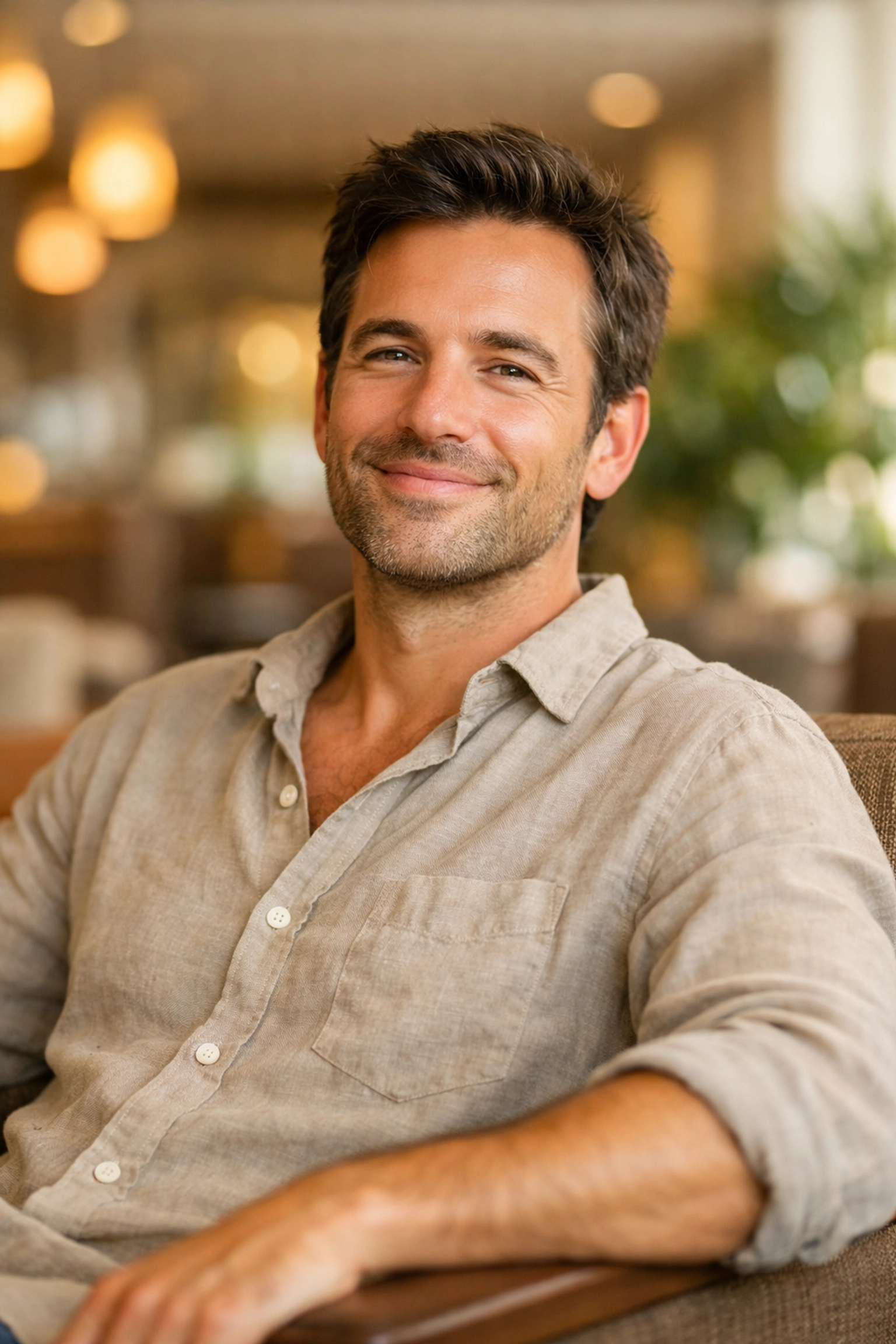 A relaxed man with improved posture following a therapeutic massage in Edmonton for neck pain.