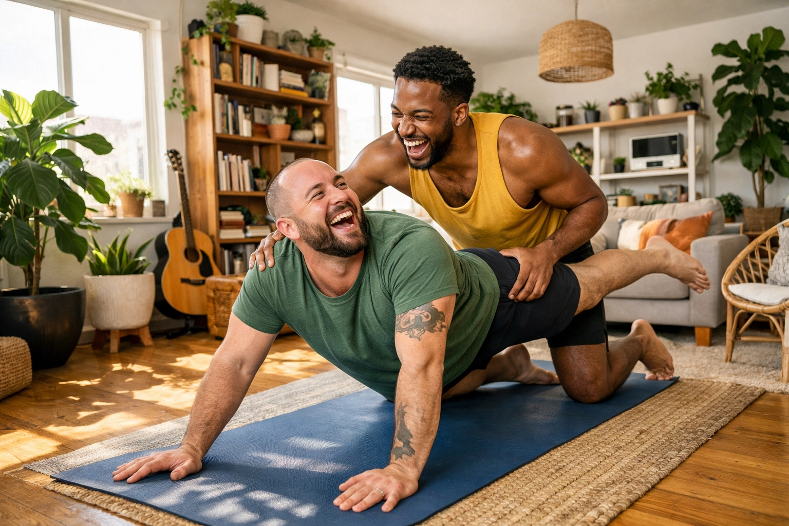 Gay couple stretching together on a yoga mat at home, warm-up for flexible, fun positions