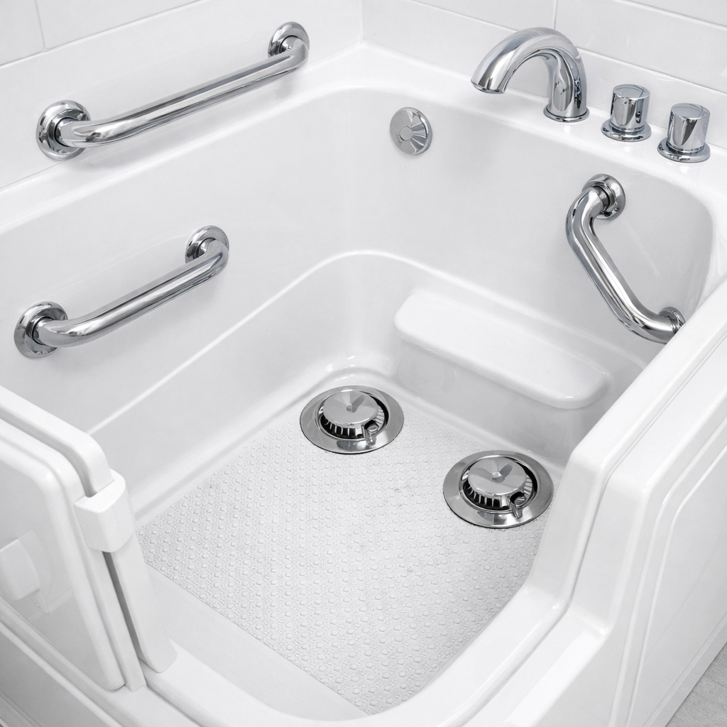 Walk-in tub safety features including grab bars, non-slip floor, and dual drain system
