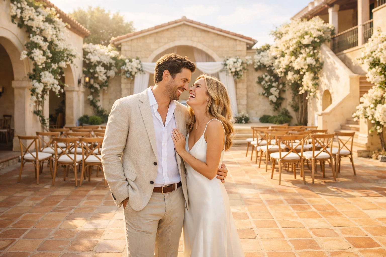 A happy, relaxed couple celebrating their debt-free wedding in a beautiful sunny courtyard.