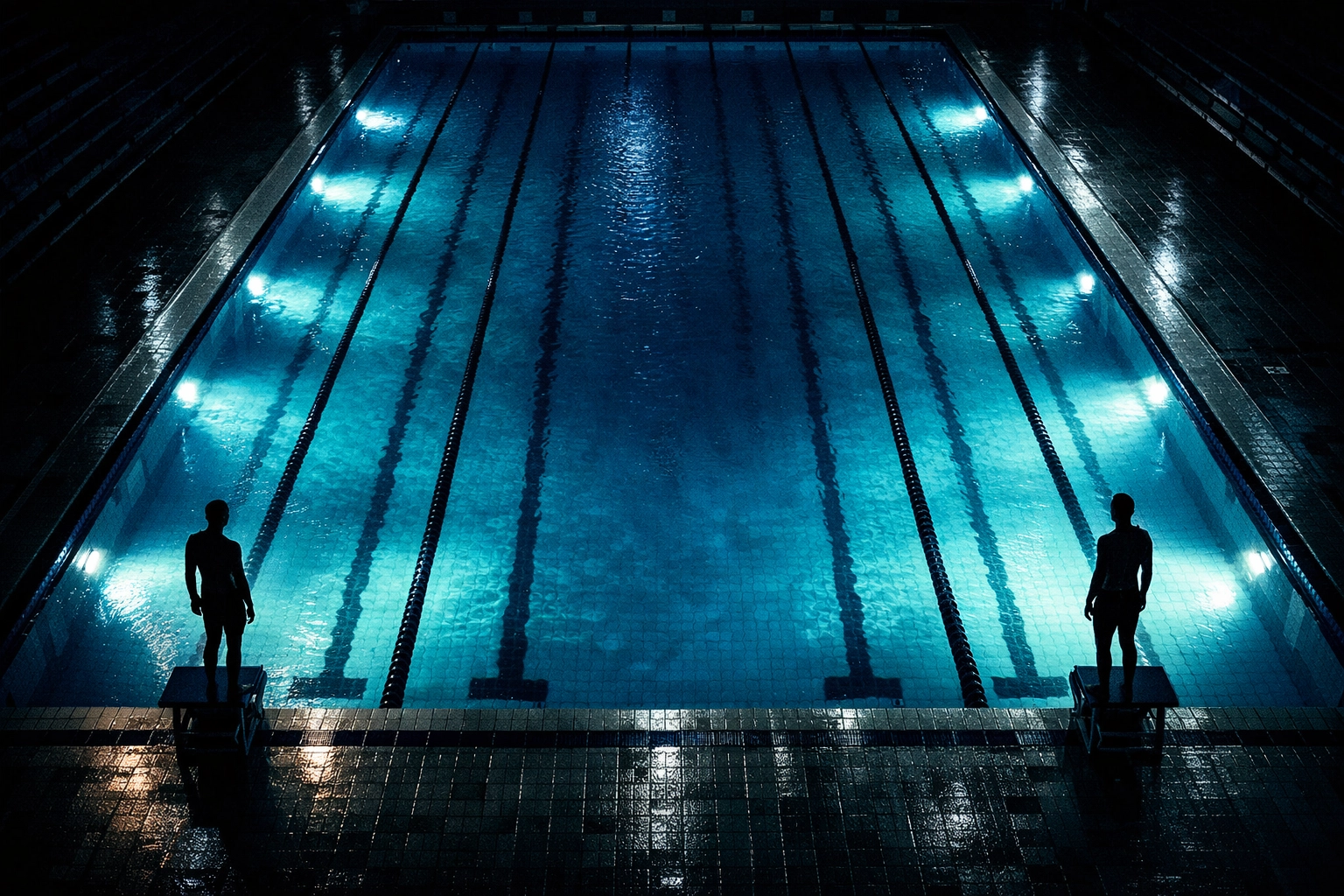 Two male swimmers standing apart at opposite ends of an illuminated Olympic pool at night