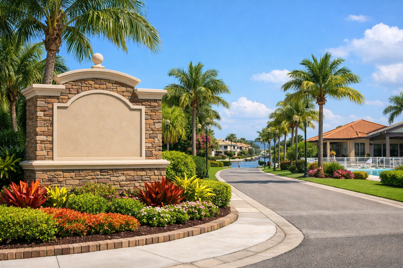 Gated waterfront community entrance in Cape Coral with landscaped streets and canal-front homes