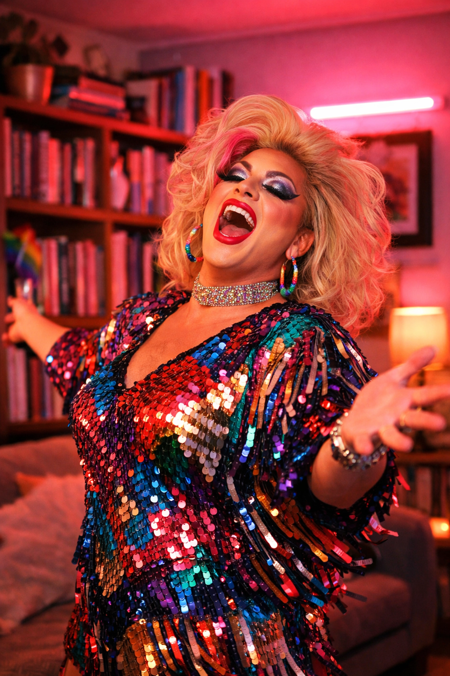 Queer artist performing drag in a sequined costume at home, celebrating pride and creative expression.