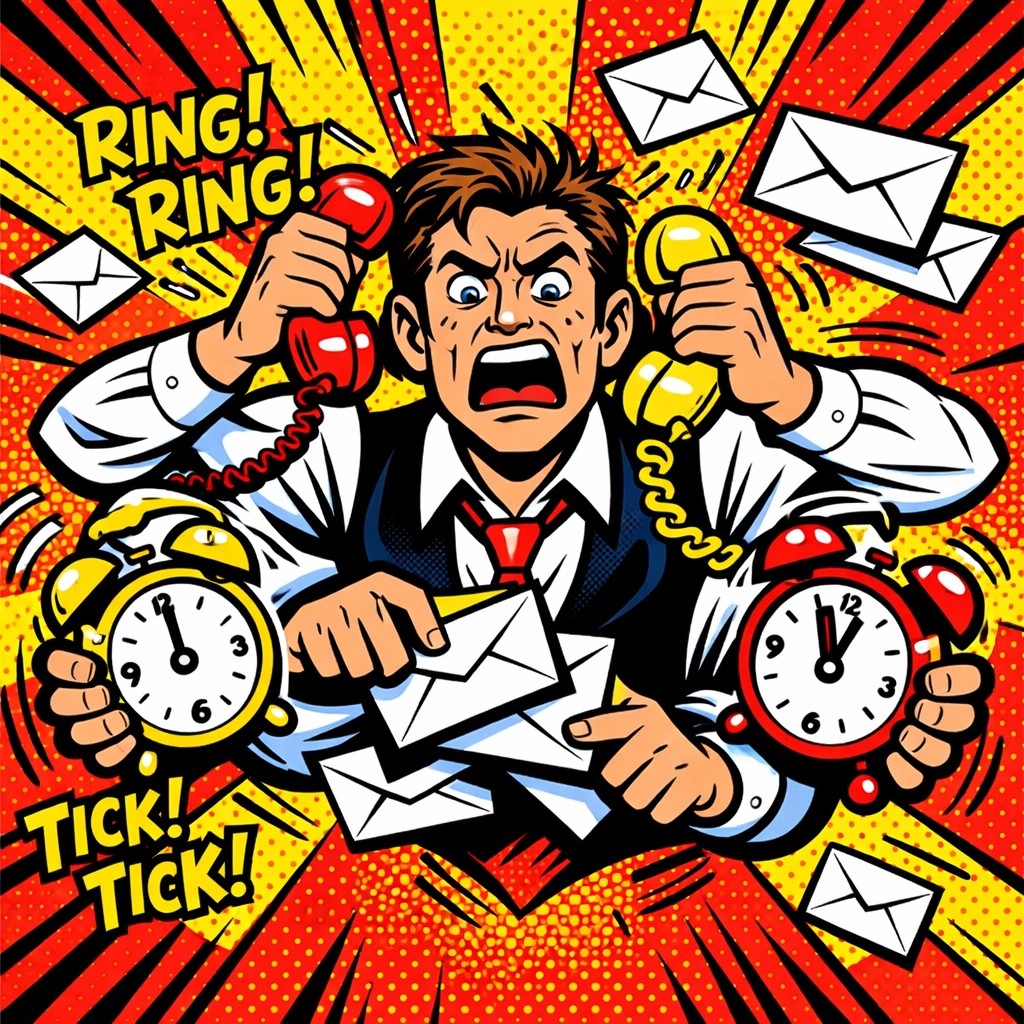 Overwhelmed small business owner juggling phones and paperwork before using workflow automation.