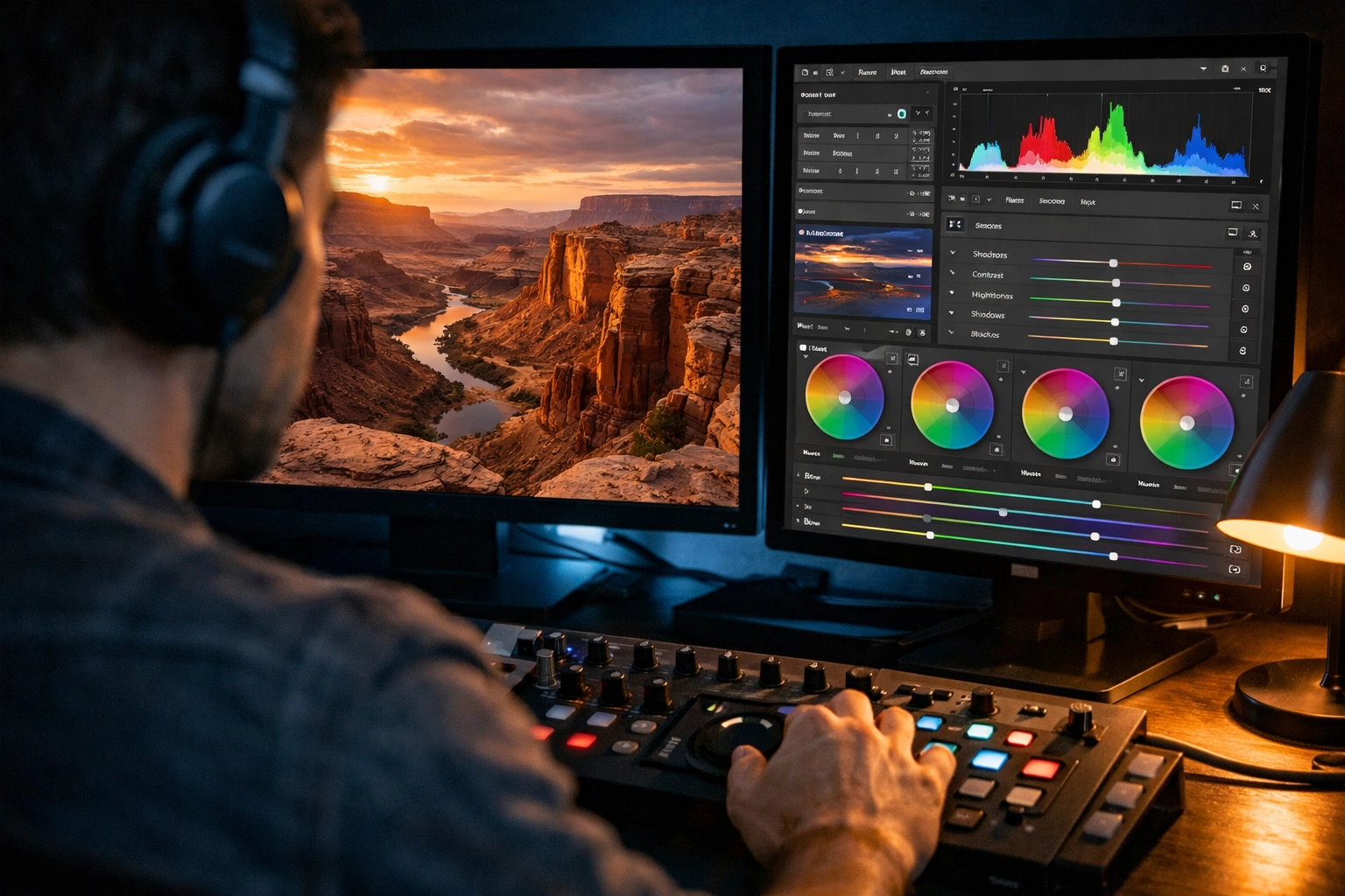 Detailed photo editing tutorials showing a professional artist color grading a landscape photograph.