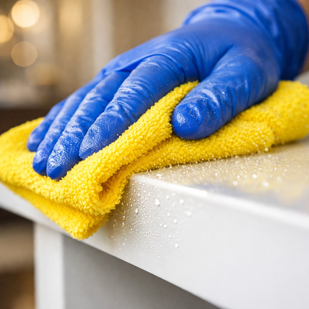 Close-up of a professional cleaner focusing on detail-oriented House Cleaning Concord MA in a luxury home.
