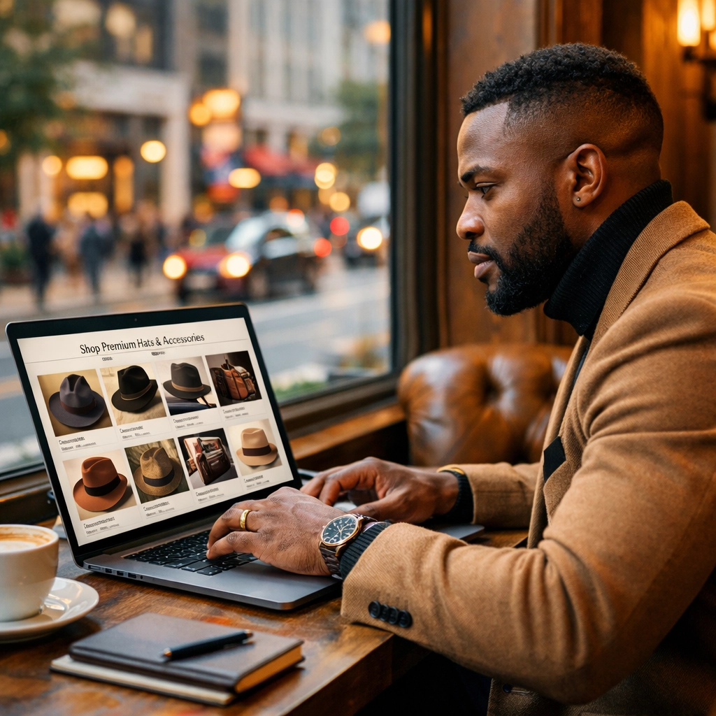 Your Quick-Start Guide to Sonny’s Black People of Interest: Why Every Click is a Modern Money Move A stylish man using a laptop to shop for premium accessories on the Black Wall Streets digital marketplace.