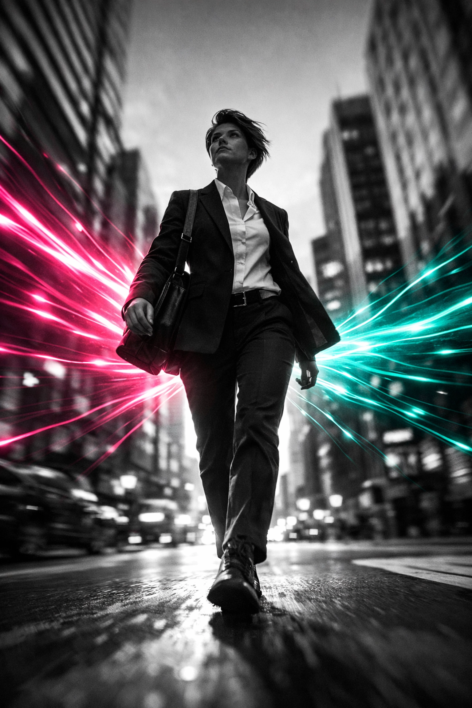 Urban professional radiating positive energy while walking through city streets