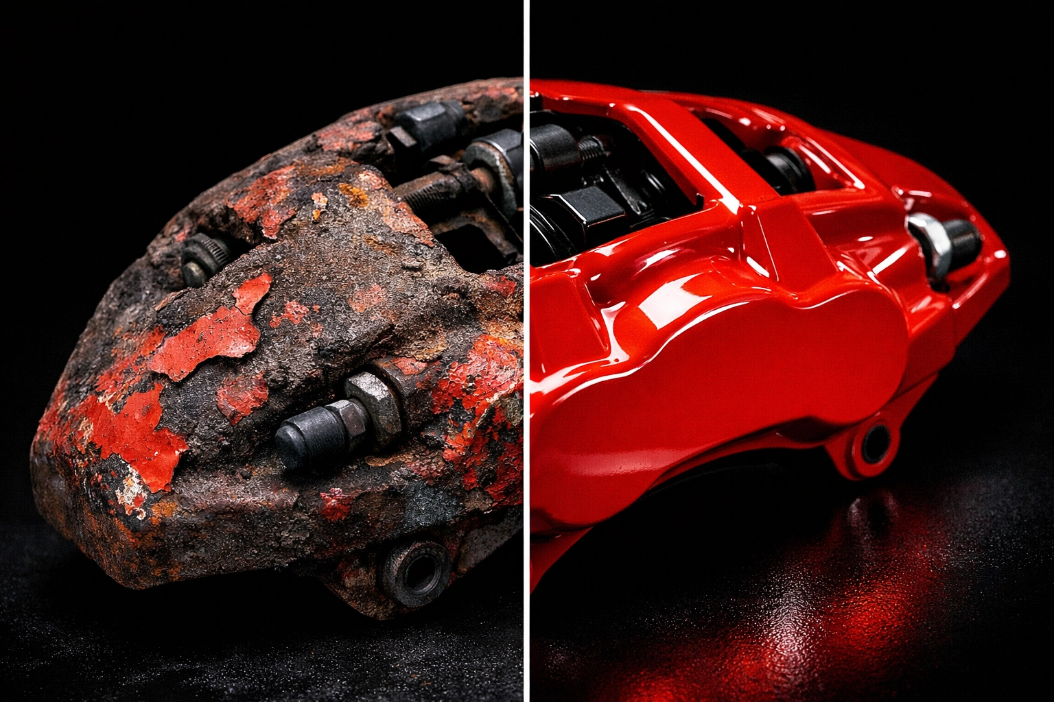 Before and after brake caliper powder coating transformation showing TorRed finish