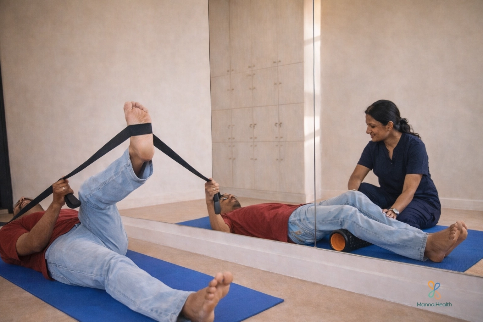 A patient is lying on a mat using a foam roller under their legs for myofascial release while a physical therapist supervises and provides guidance in a Maana Health rehabilitation room with mirrors, focusing on non-surgical musculoskeletal pain management with evidence-based exercise therapy.