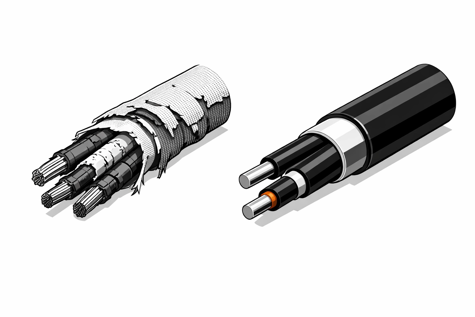 Vergleich zwischen spröden alten Stoffkabeln und modernen sicheren Elektroleitungen im Altbau.