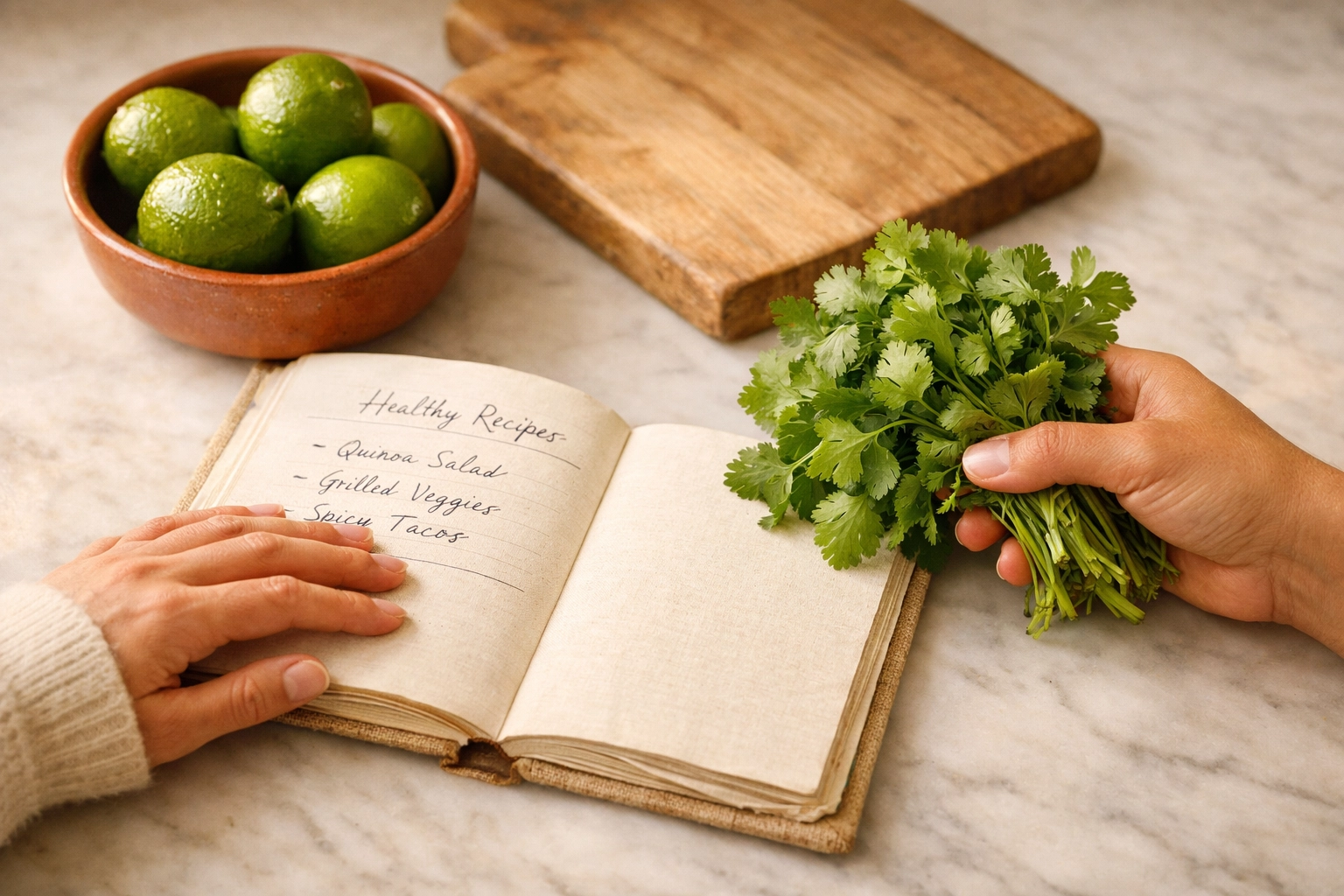 A holistic health coach and client planning a wellness transformation with fresh herbs and a journal.