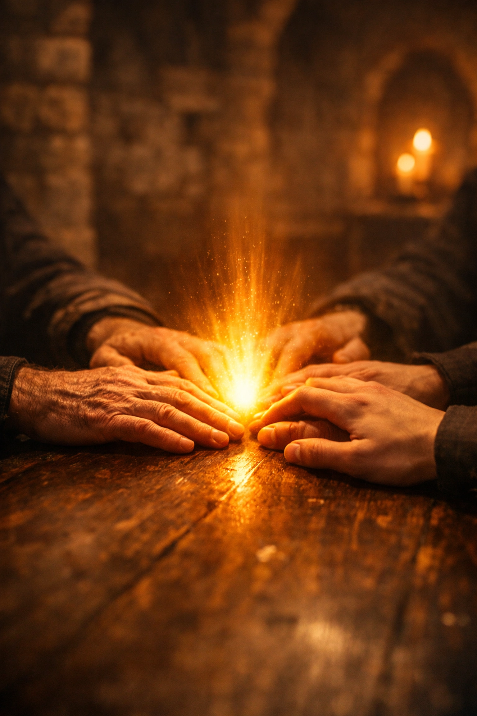 Catholic men's hands gathered in prayer and fellowship, representing the heart of the Cor initiative.