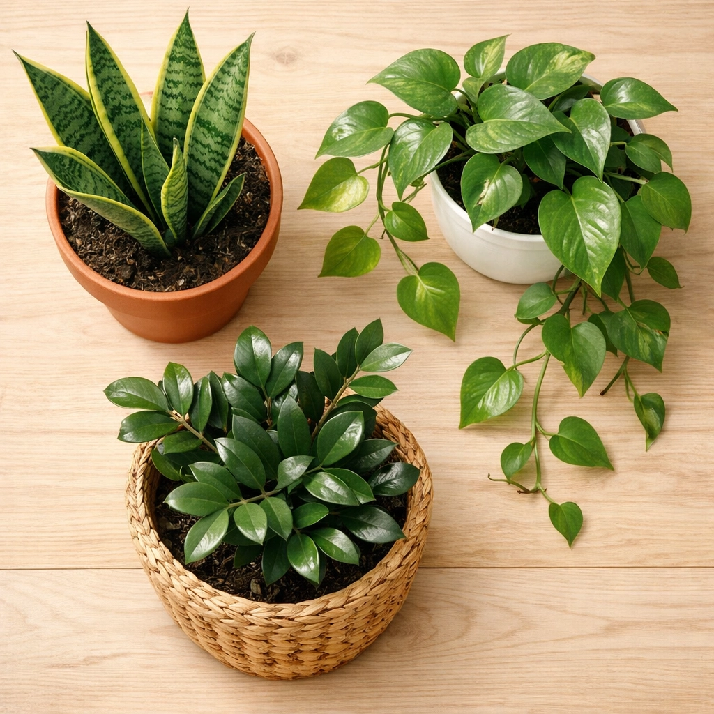 Three low-maintenance houseplants: snake plant, pothos, and ZZ plant in decorative pots