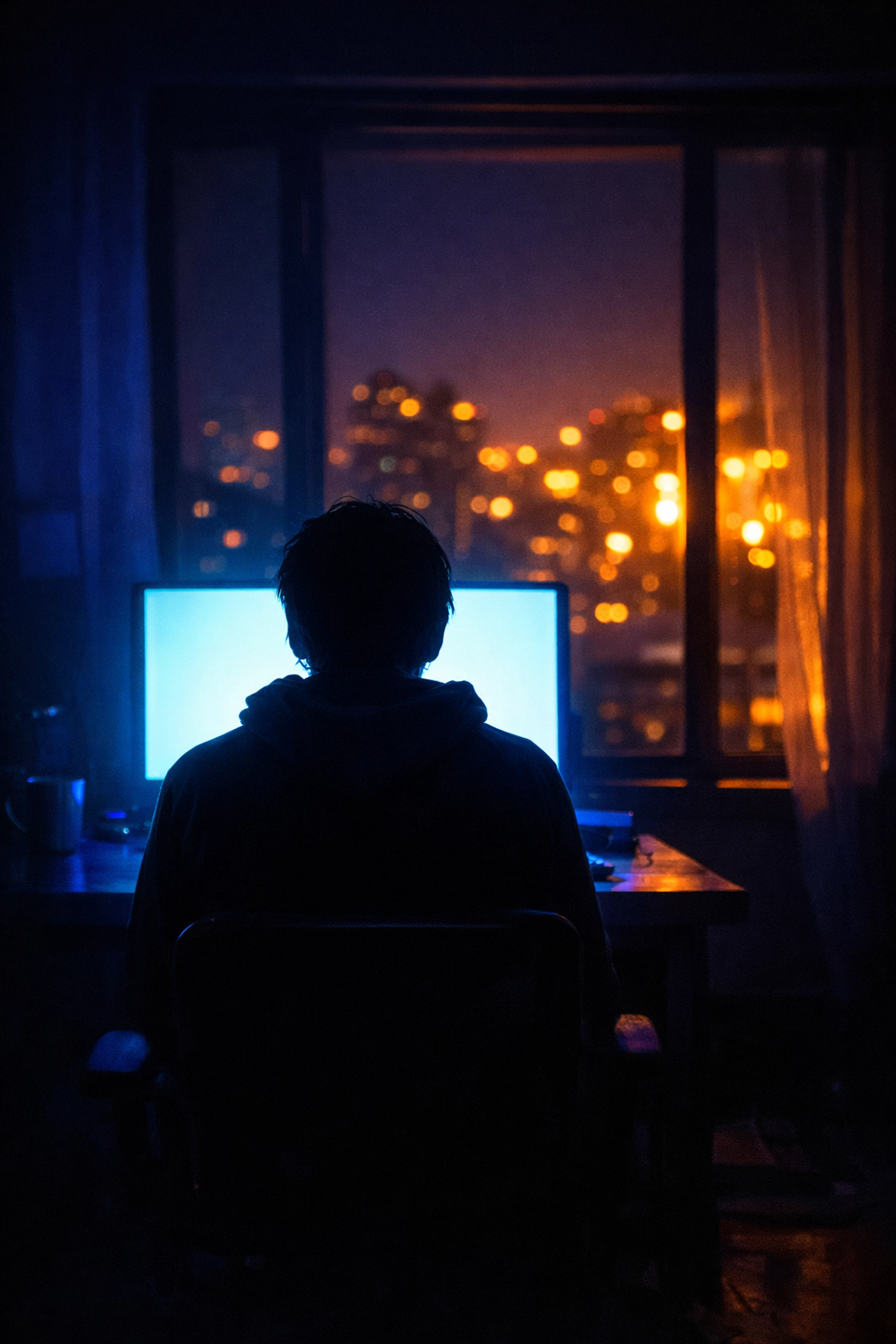 Person isolated in room with screen light showing AI companion overuse and disconnection