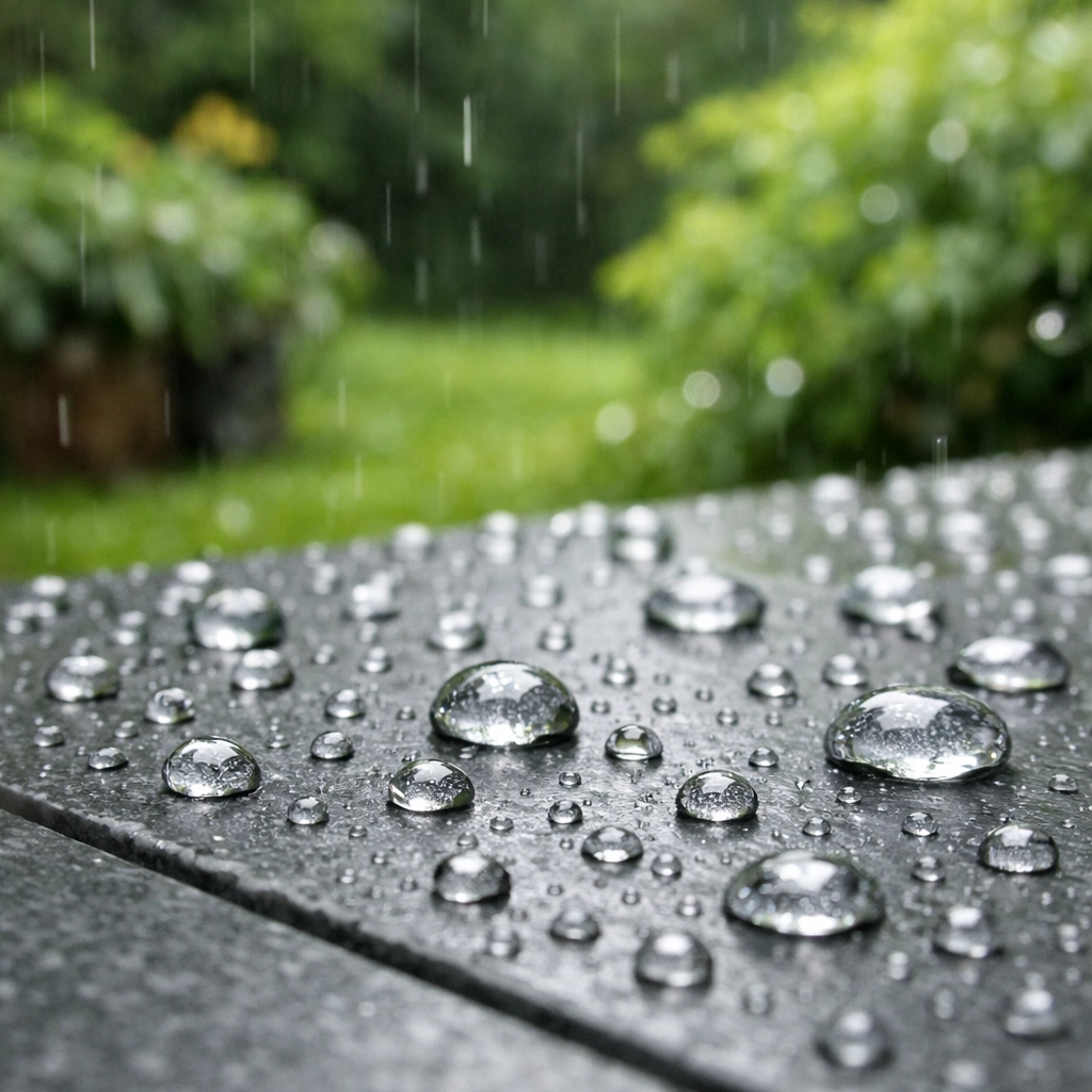Raindrops beading on a non-porous grey porcelain paving slab in a South Wales garden.
