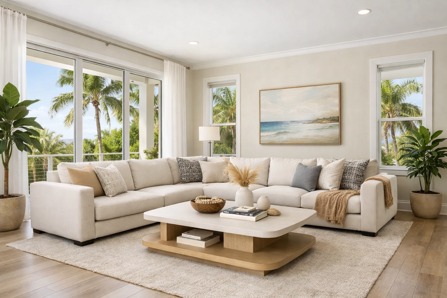 Virtually staged Florida living room with modern furniture and natural light