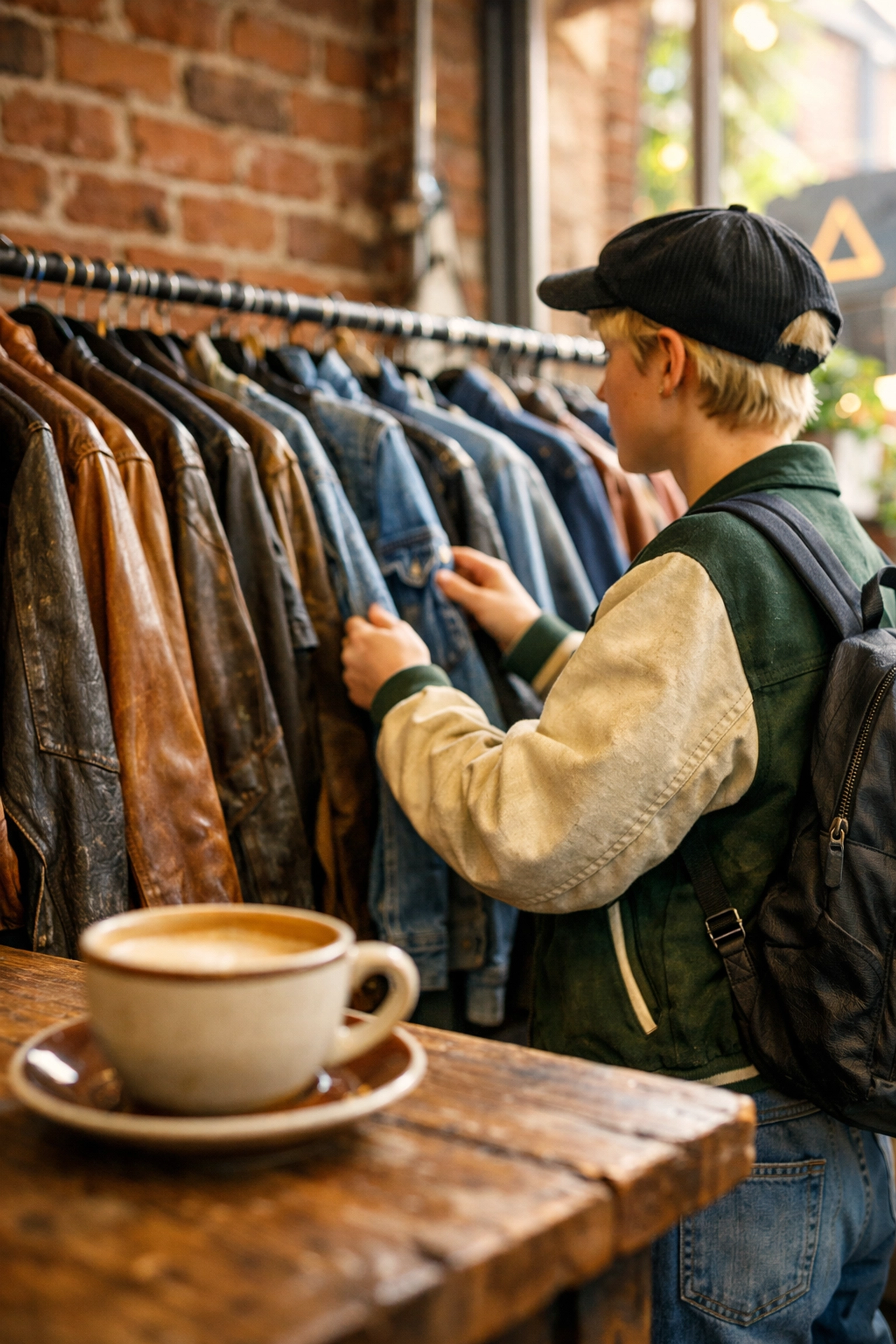 Person browsing vintage clothing in a trendy Mile End boutique, a popular Montreal weekend activity.