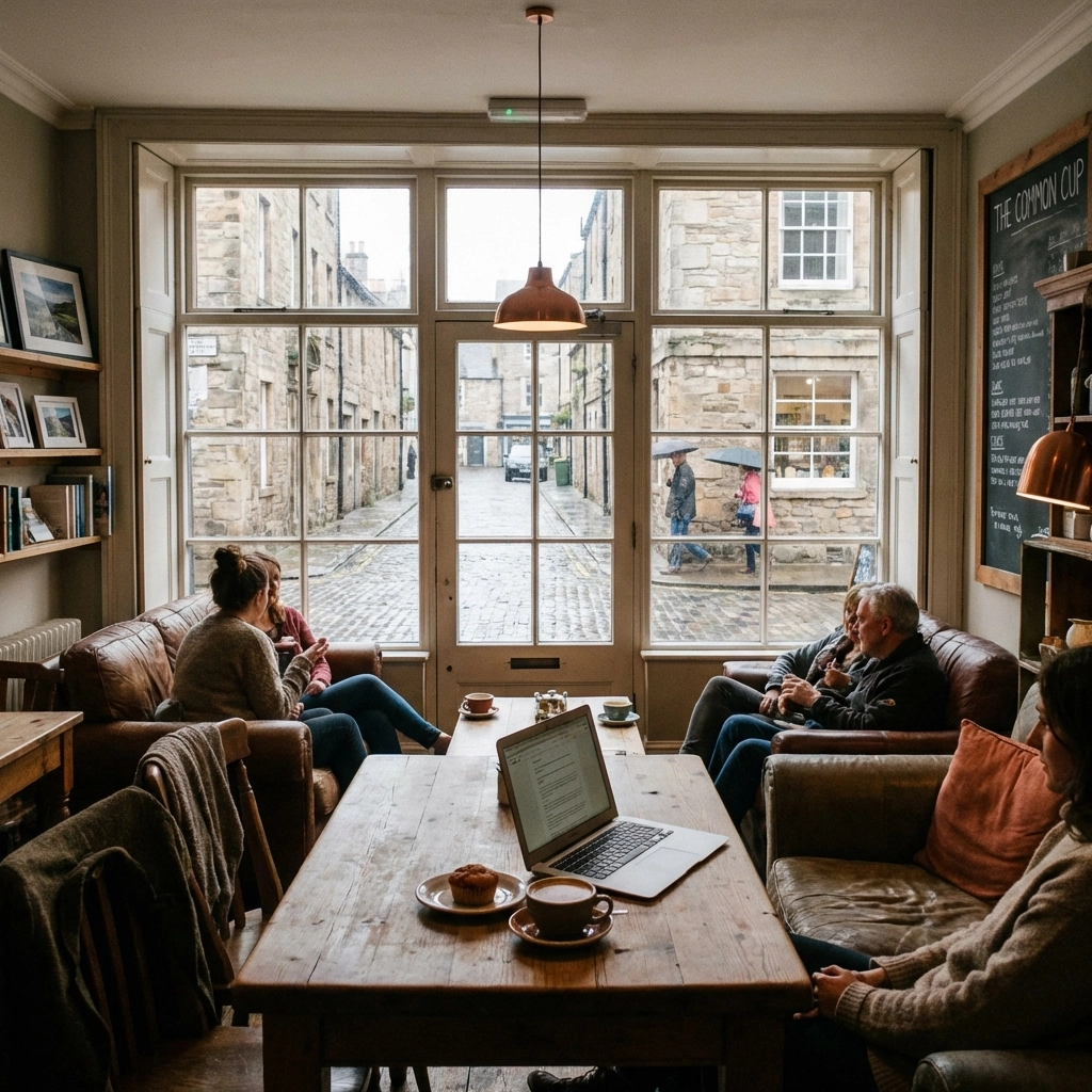 Cozy coffee shop in a British town, representing local community connection for North East business visibility