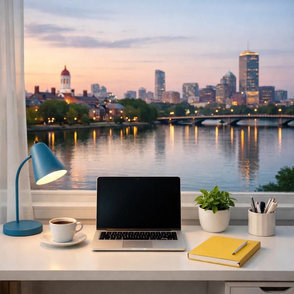 Clean and organized home office with a Charles River view after professional office cleaning Cambridge services.