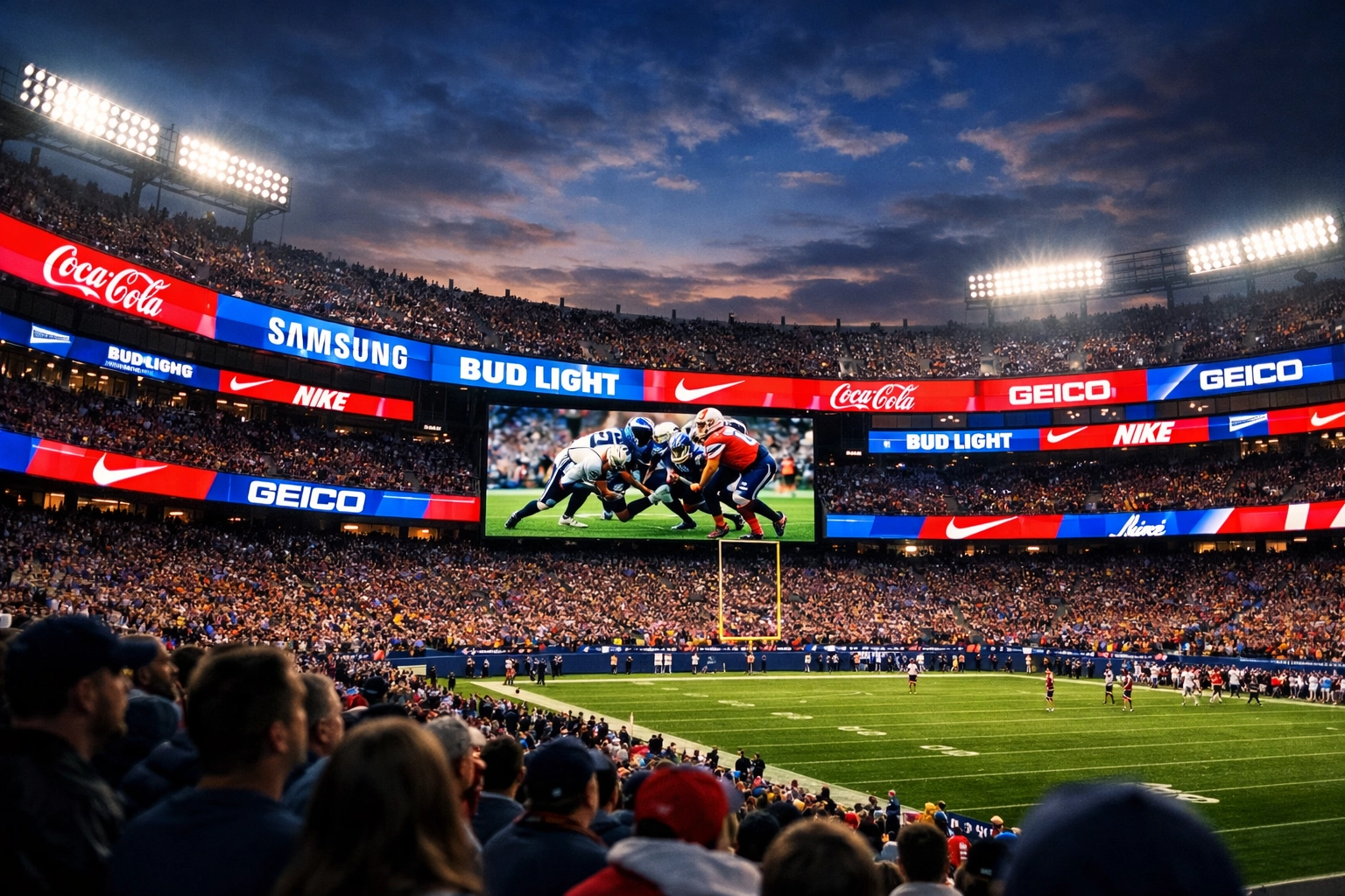 Stadium digital LED ribbons displaying Super Bowl advertising to thousands of fans during game day
