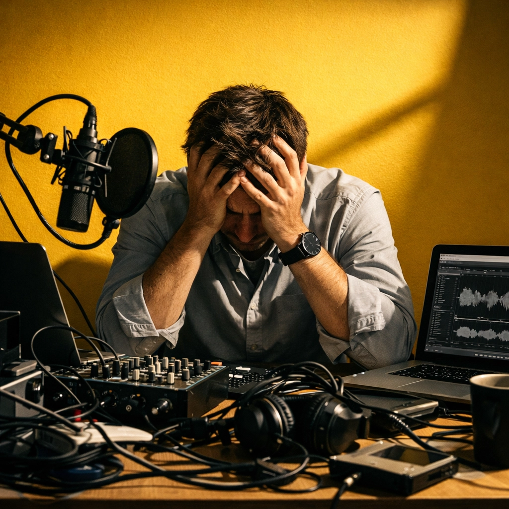Stressed marketer overwhelmed by in-house podcast production equipment and editing software