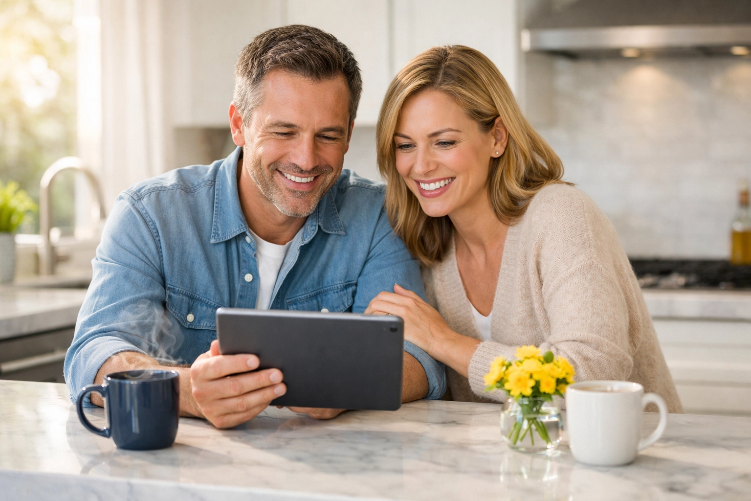 Couple reviewing life insurance options on a tablet in a modern kitchen to plan their financial future.