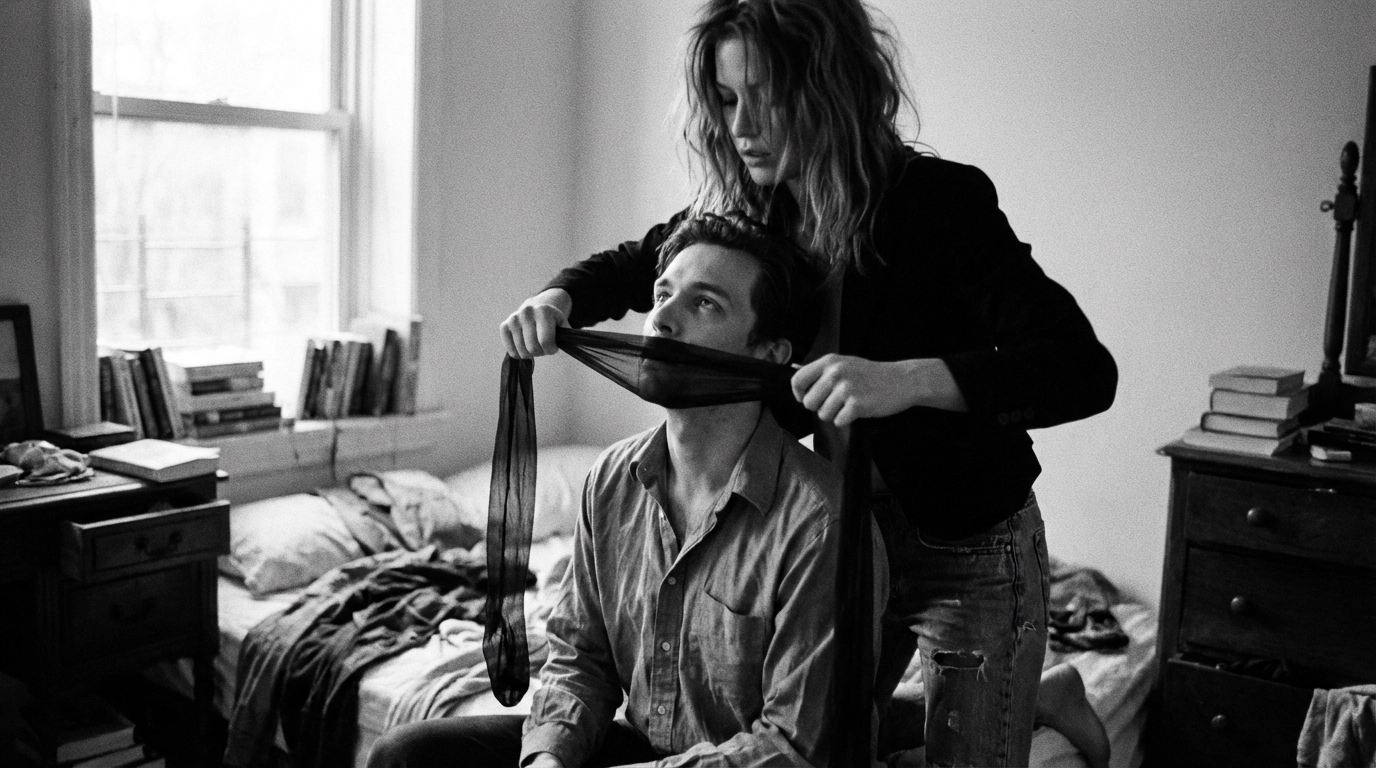 Dominant woman using sheer black pantyhose as a makeshift bit/bridle over a man's mouth and head in natural window light, gritty and sensual power exchange