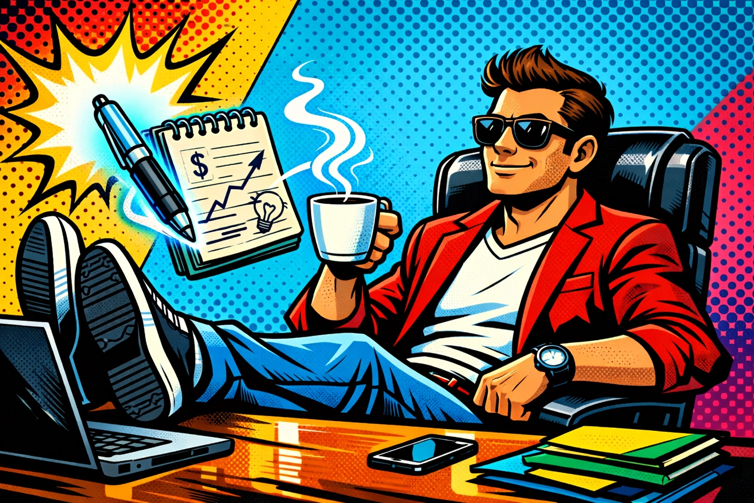 Entrepreneur relaxing while business automation tools take meeting notes on a digital notepad.