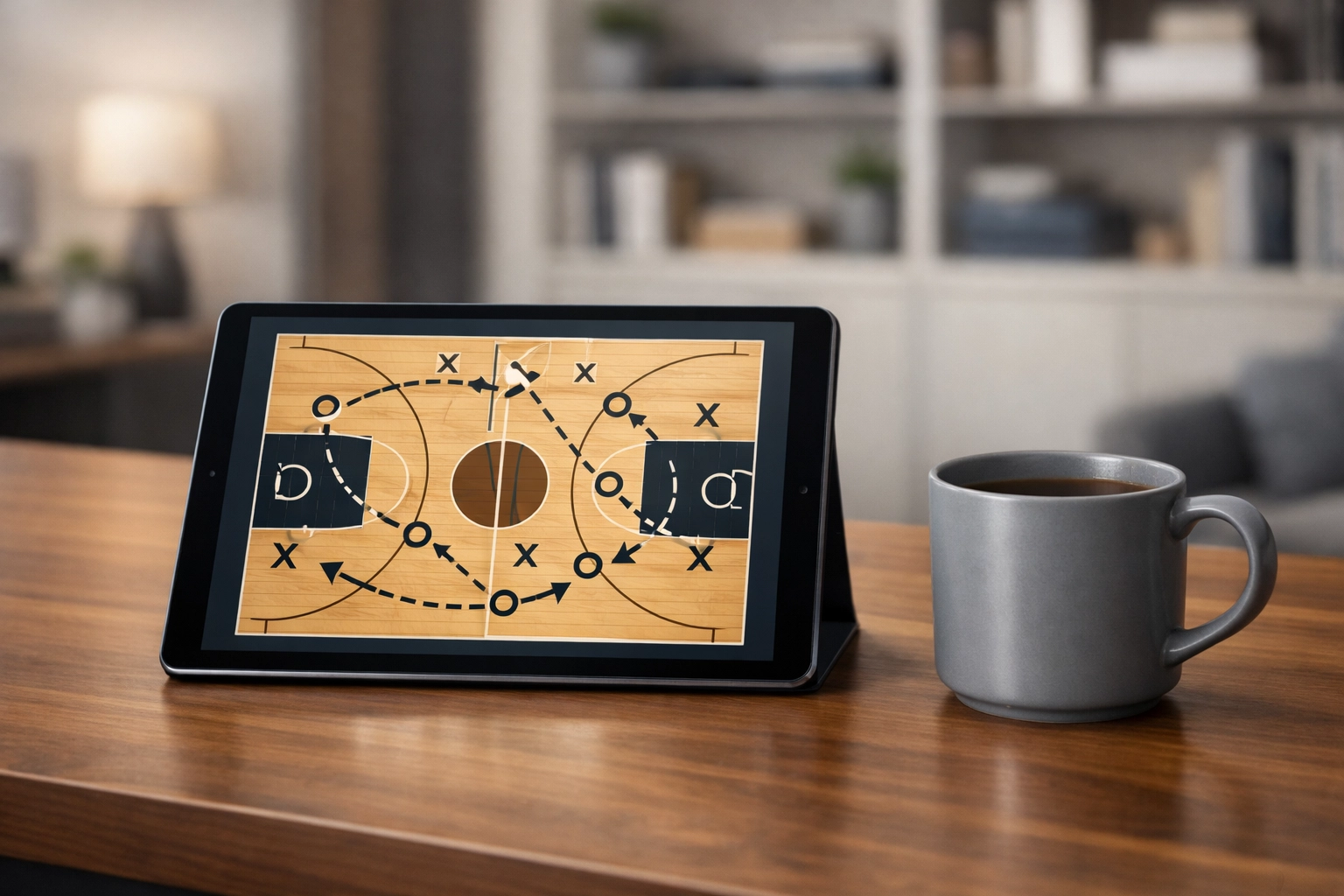 Modern home office with a digital tablet showing basketball plays for tournament bracket strategy.