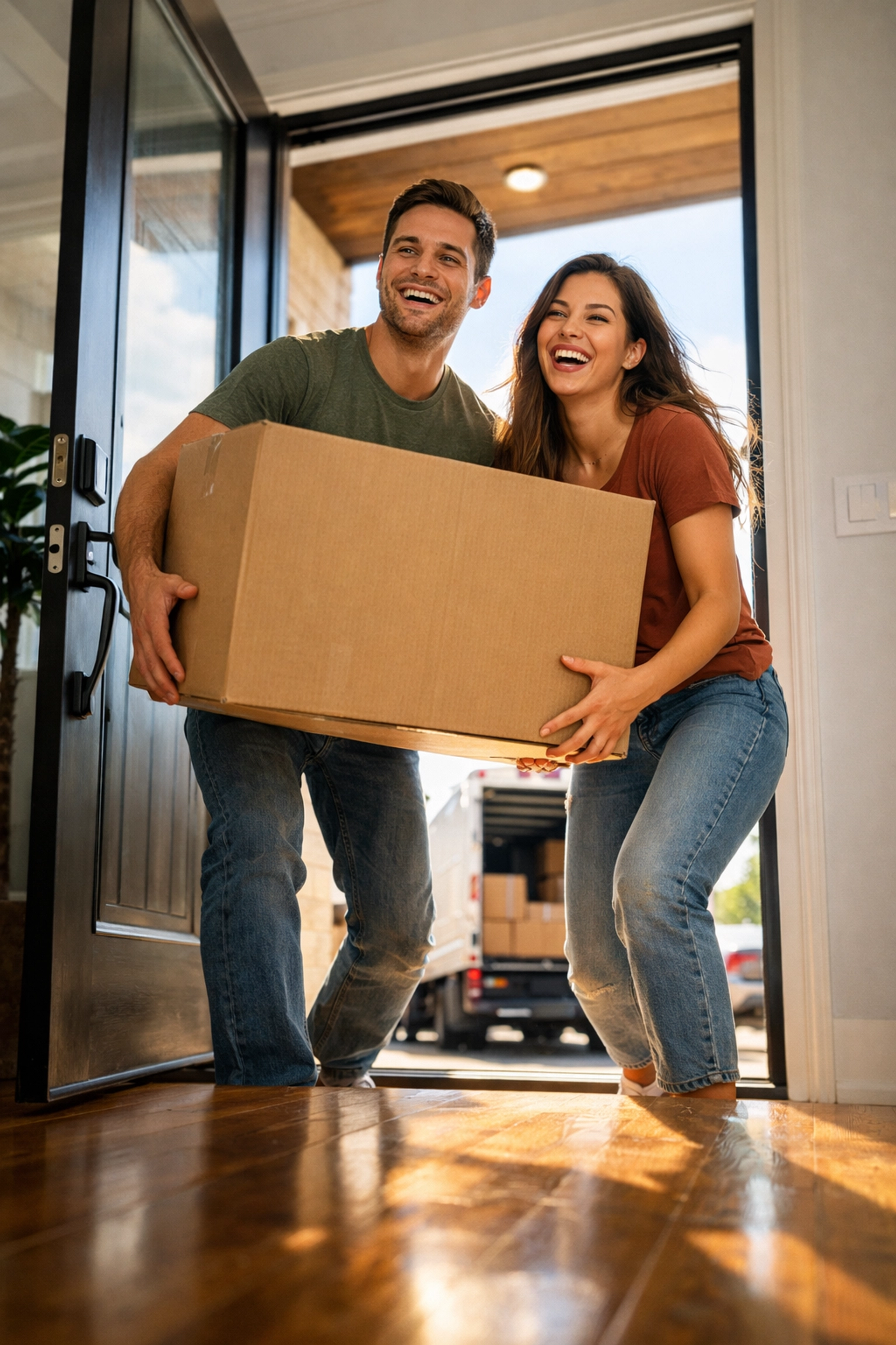 Couple carrying a moving box into their new San Antonio house, signifying the transition from renting to homeownership.