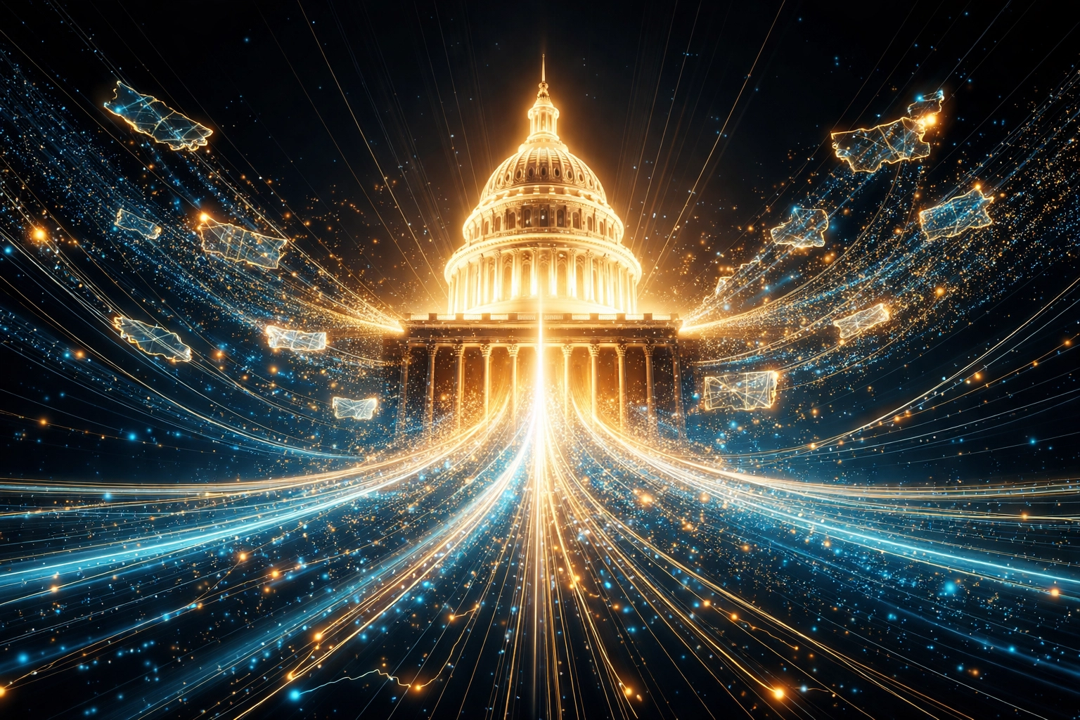 Abstract visual of a central federal authority connecting state levels, symbolising national stablecoin regulation under the GENIUS Act