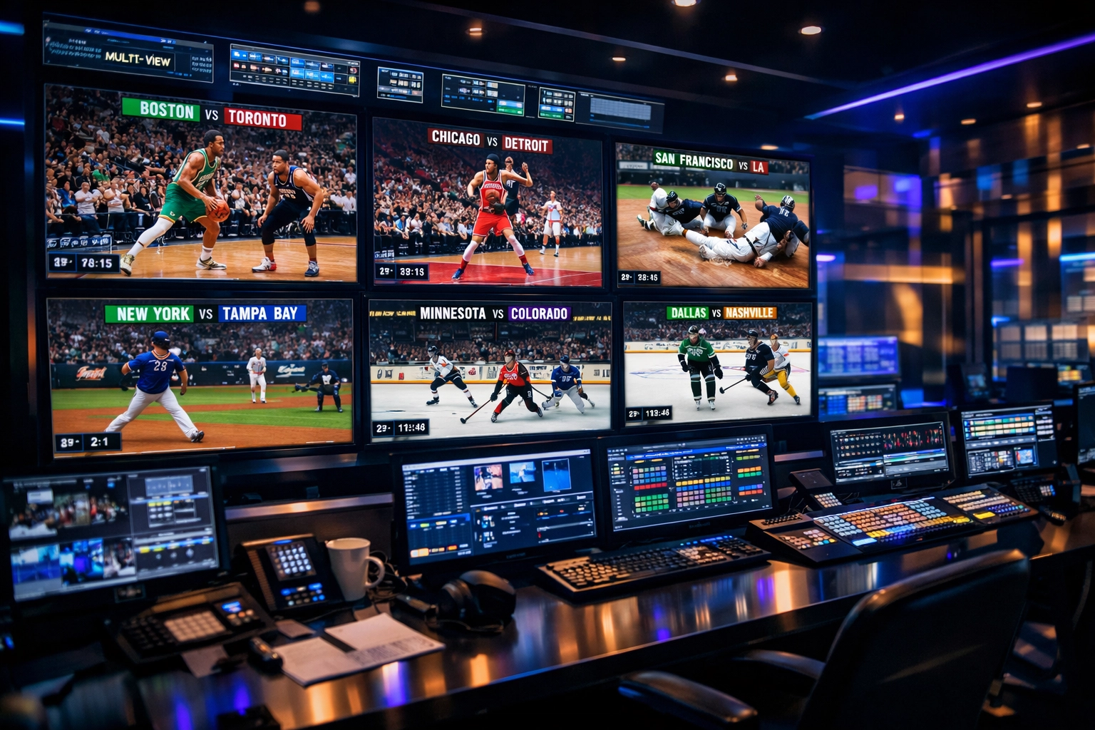 Regional sports network broadcast control room monitoring multiple live games across platforms