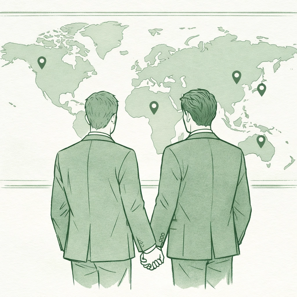 Two men planning destination gay wedding with world map showing global LGBTQ+ celebration locations