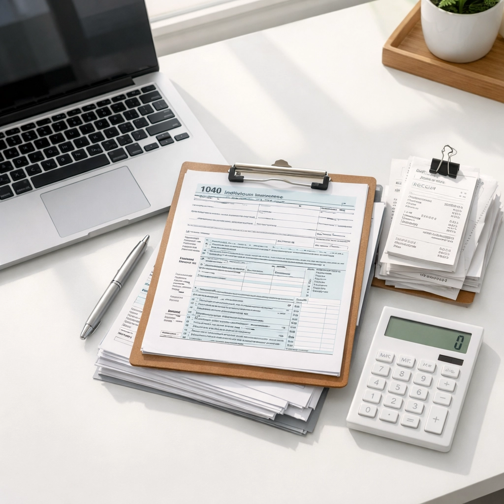 Modern workspace with tax forms and a calculator for professional tax preparation and compliance.