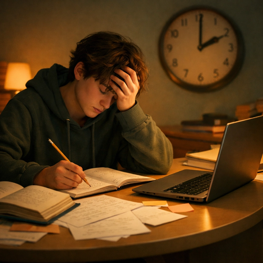 Exhausted student studying late at night with scattered papers, illustrating how gifted kids with ADHD were overlooked
