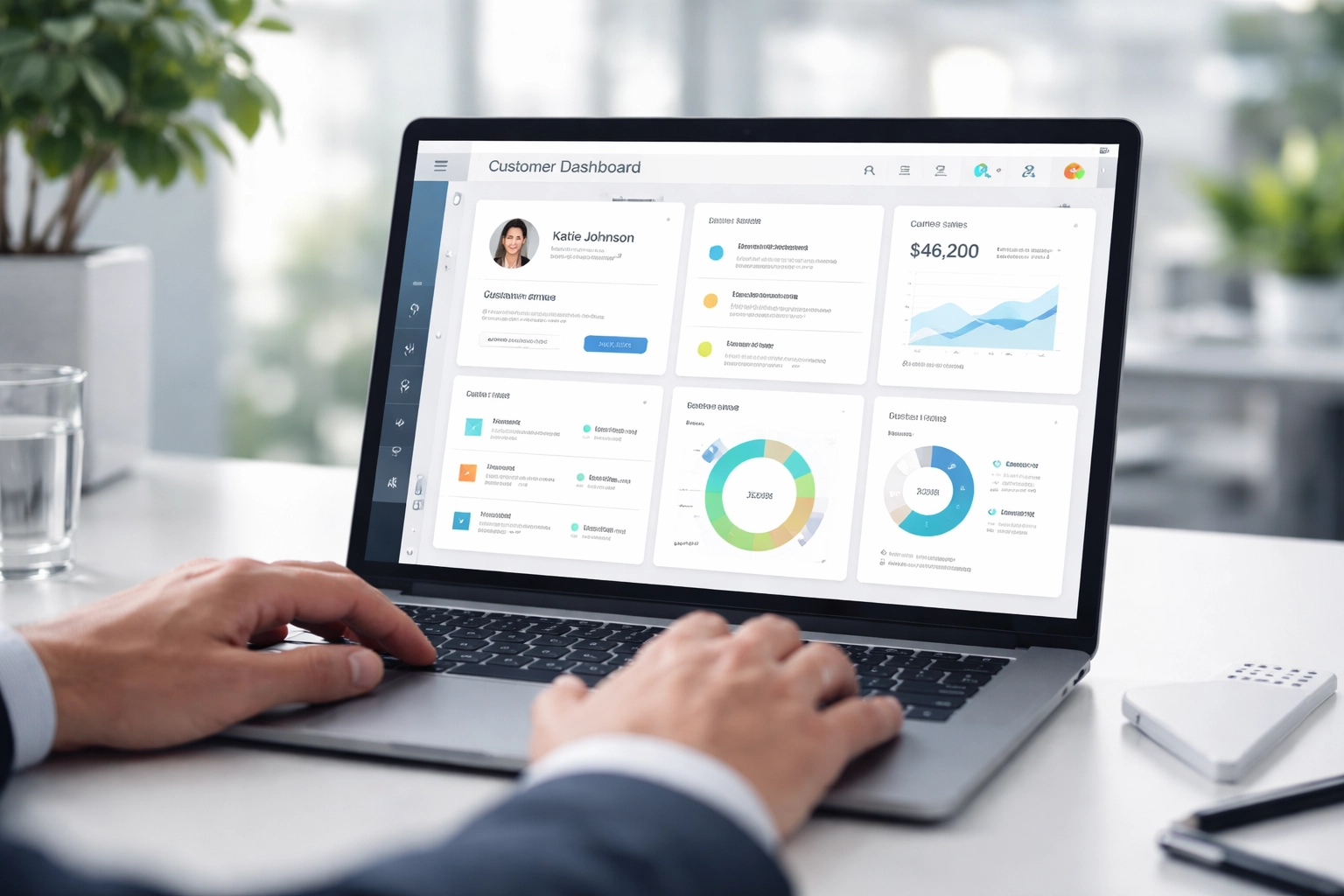 Laptop displaying Zoho CRM customized dashboard with data visualizations for improved sales efficiency