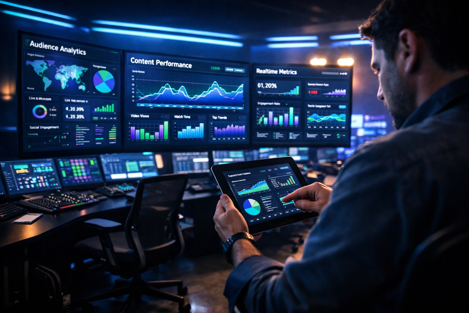 Media analytics control room displaying real-time audience engagement and content performance data
